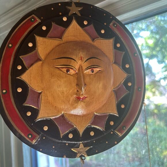 Hand Carved Wooden Star and Moon Ornament Mobile Vintage 90s Indonesia 28.5" - Picture 3 of 16